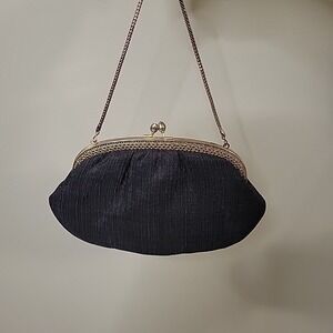 VINTAGE Walborg Black Fabric Clutch Evening Purse Clasp Snake Chain Hong Kong‎